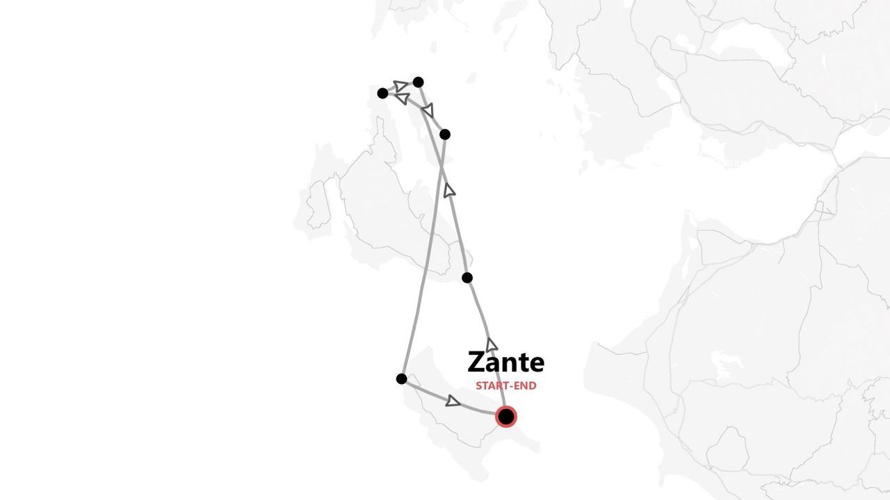Una mappa stilizzata che illustra un itinerario di viaggio con tappe, il cui percorso inizia e termina a Zante, Grecia.