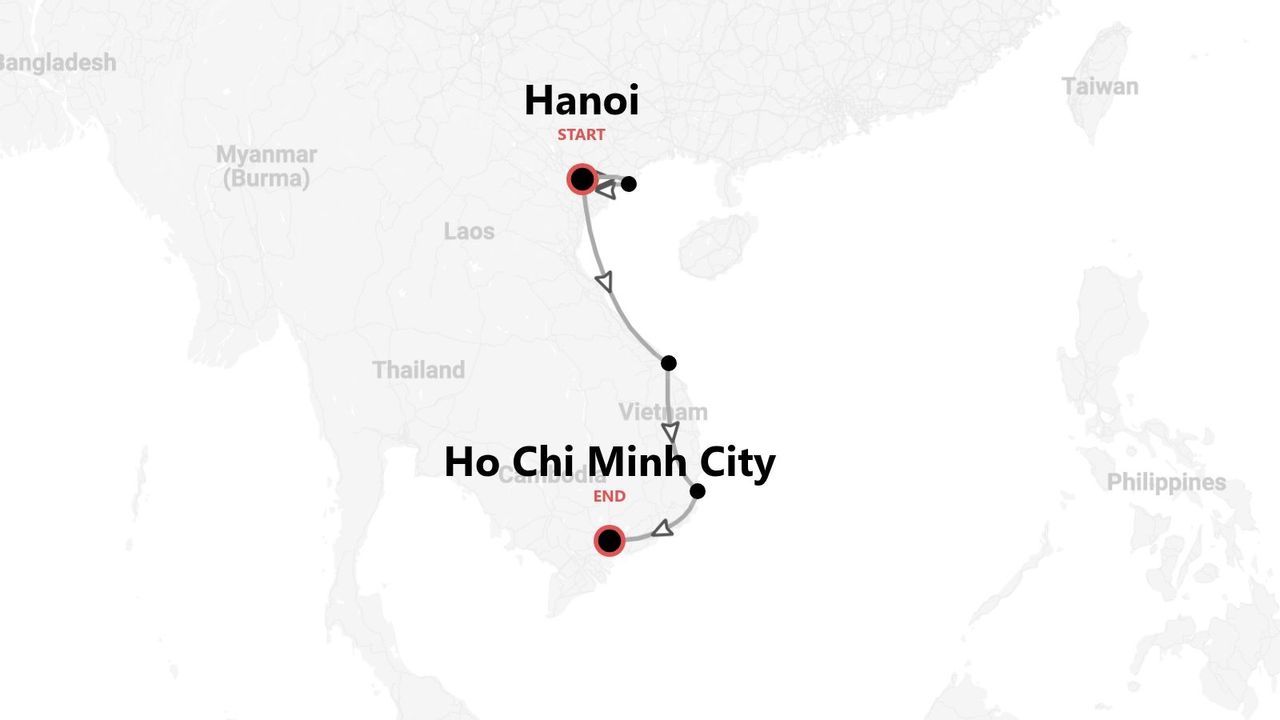 Mappa del Vietnam con itinerario di viaggio da Hanoi a Ho Chi Minh City.