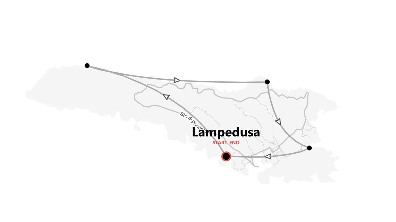 Una mappa minimalista che mostra un itinerario di viaggio attraverso l'isola di Lampedusa, con il percorso che inizia e finisce nello stesso punto.