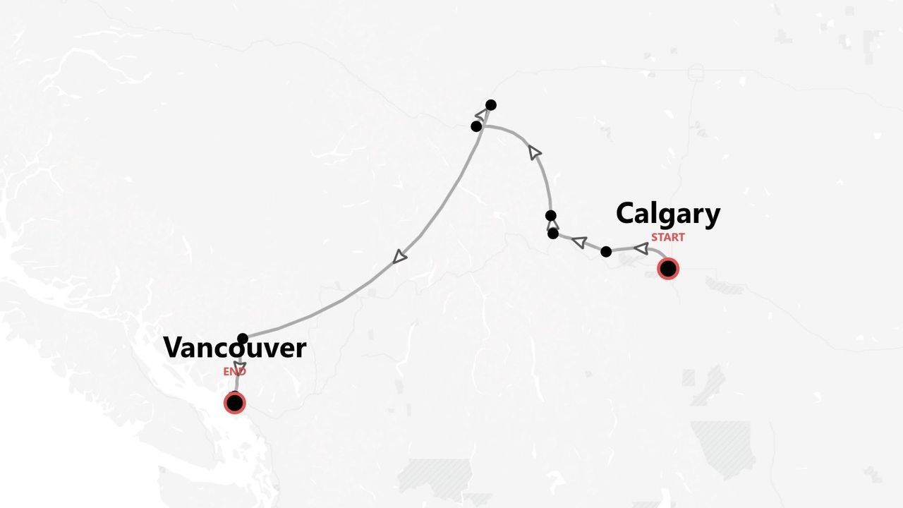 Una mappa minimalista che mostra un itinerario di viaggio con tappe, da Calgary a Vancouver.