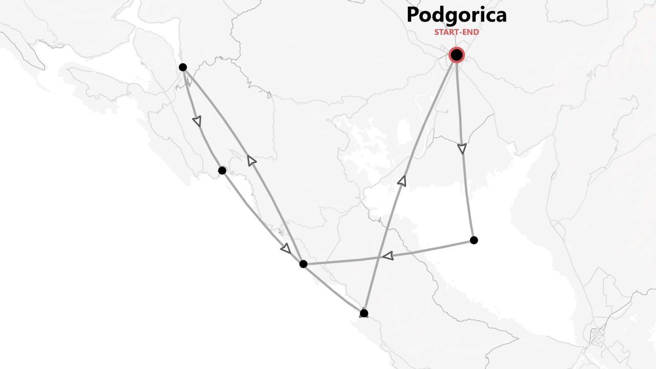Mappa di un itinerario di viaggio circolare che inizia e finisce a Podgorica, con linee e frecce.