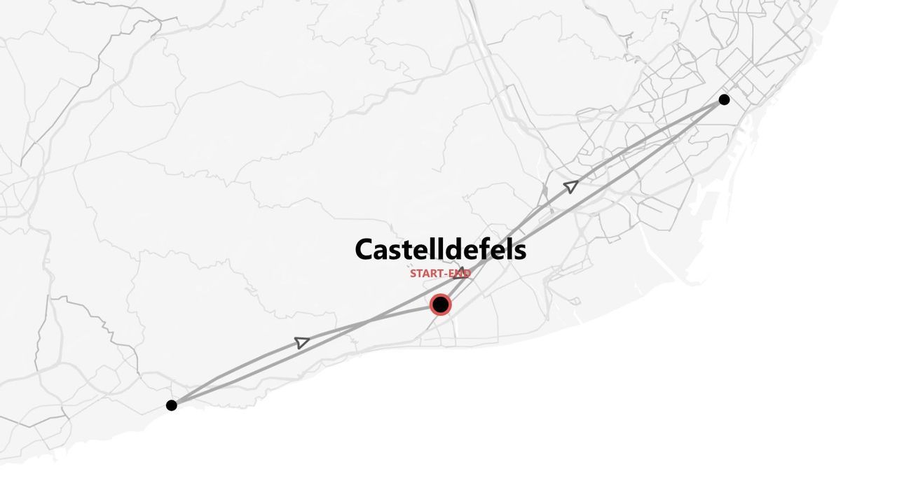 Mappa in scala di grigi di un itinerario circolare con partenza e arrivo a Castelldefels, contrassegnato da un segnaposto rosso.