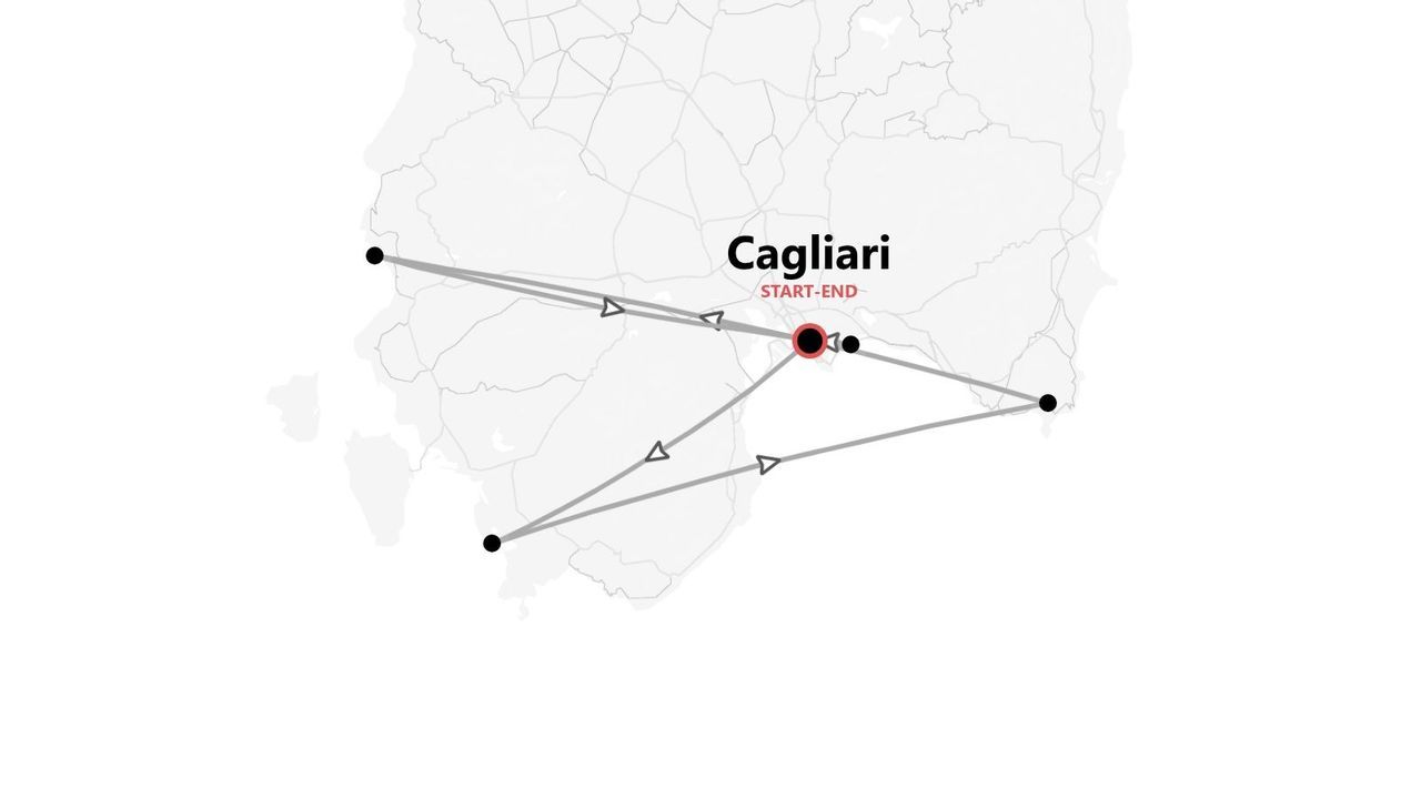 Una mappa che mostra un itinerario di viaggio con un percorso che inizia e finisce a Cagliari.