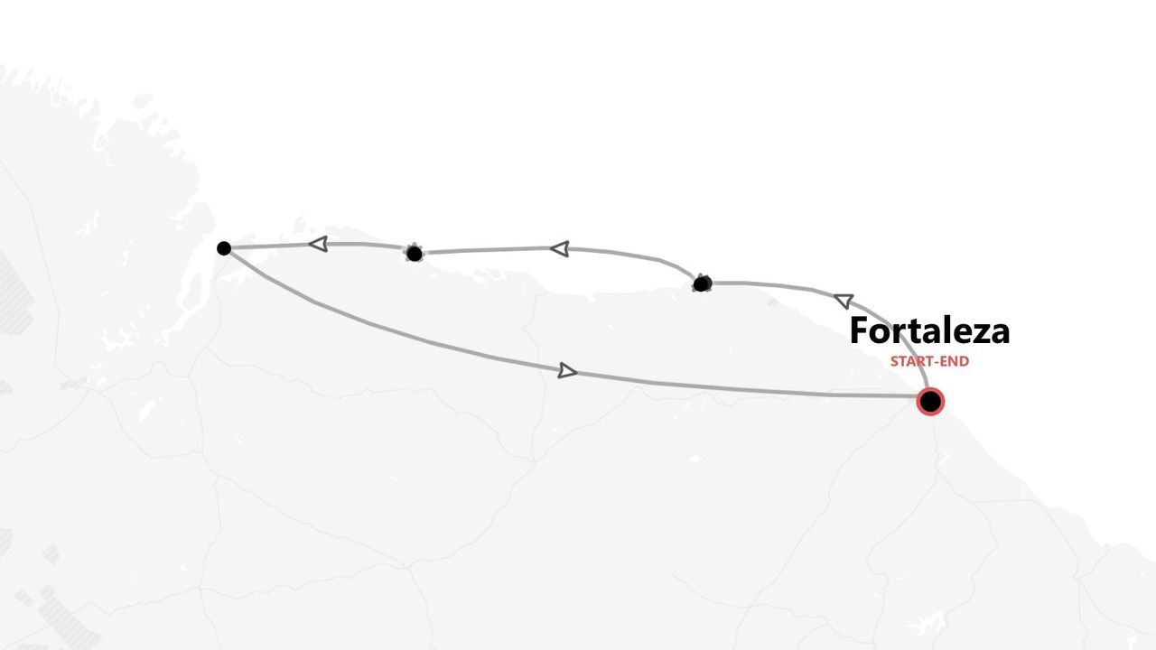 Una mappa minimalista che mostra un itinerario di viaggio di andata e ritorno con più tappe, con inizio e fine a Fortaleza.