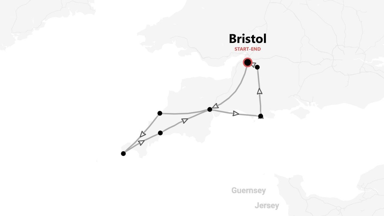 Una mappa minimalista grigia che mostra un itinerario di viaggio con inizio e fine a Bristol, Regno Unito, tracciando un percorso attraverso l'Inghilterra sudoccidentale.