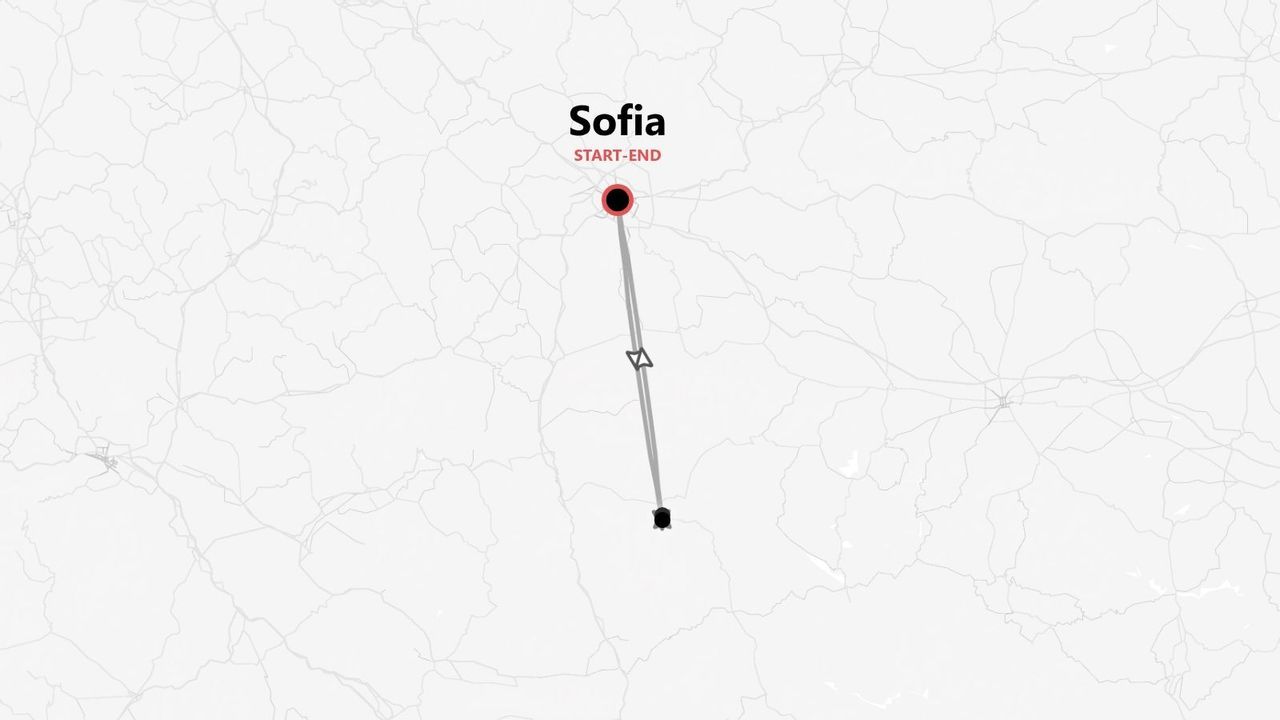 Una mappa stilizzata che illustra un itinerario di viaggio che inizia e finisce nella città di Sofia.