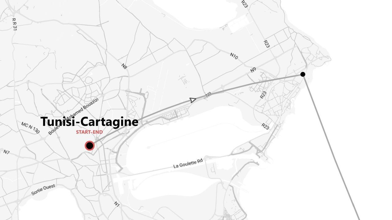 Mappa in bianco e nero del percorso tra Tunisi e Cartagine, con inizio e fine nello stesso punto.