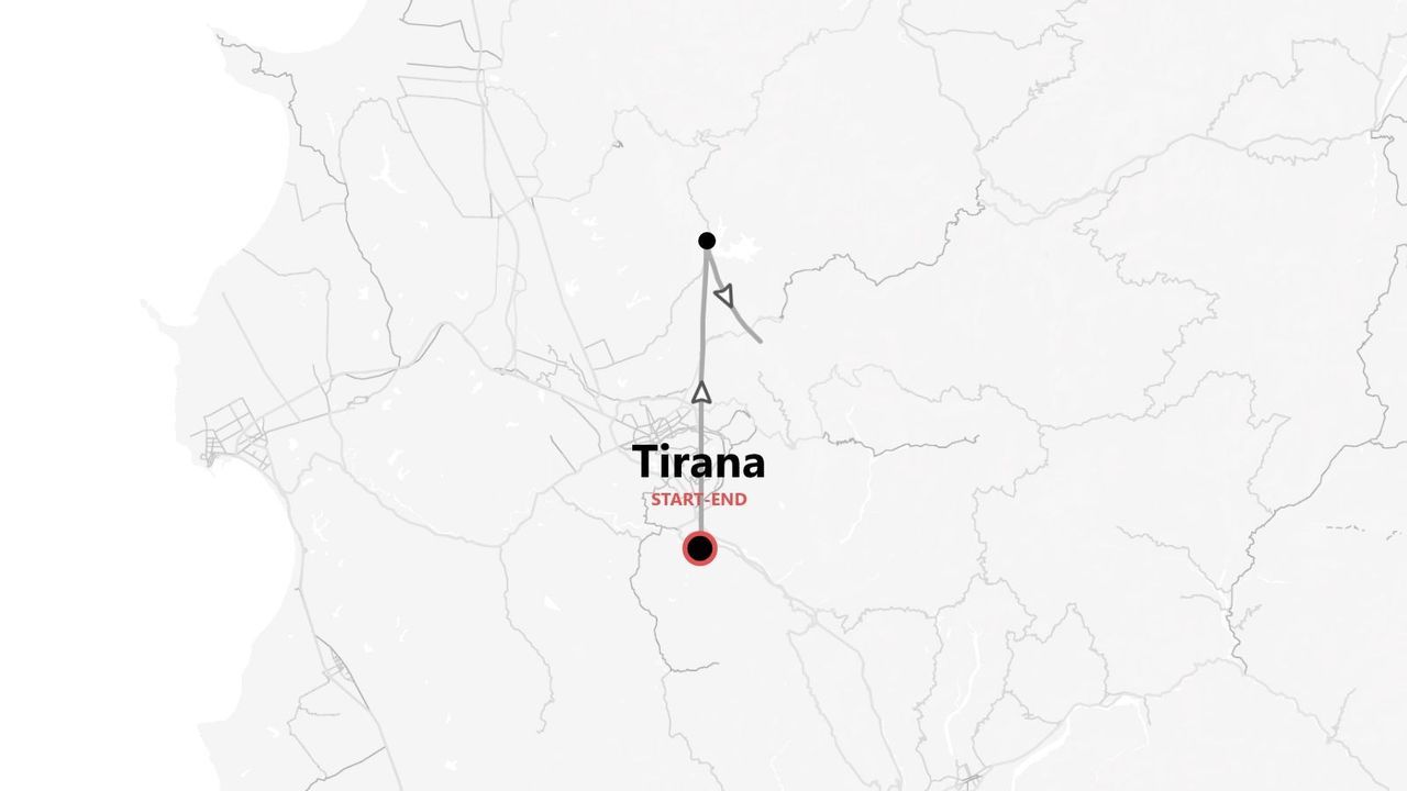 Una mappa stilizzata che mostra un itinerario di viaggio che inizia e finisce a Tirana, con un percorso segnato da una linea grigia e frecce.
