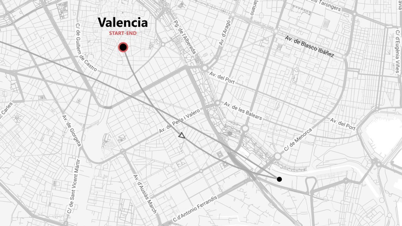 Una mappa stradale in bianco e nero di Valencia, Spagna, con un segnaposto rosso che indica un punto di inizio e fine per un percorso.