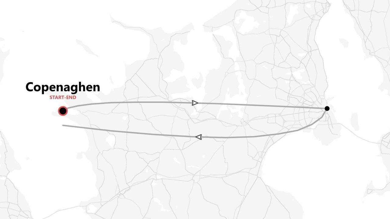 Una mappa in scala di grigi che mostra un itinerario di viaggio con 'Copenaghen' segnata come punto di inizio e fine del percorso.