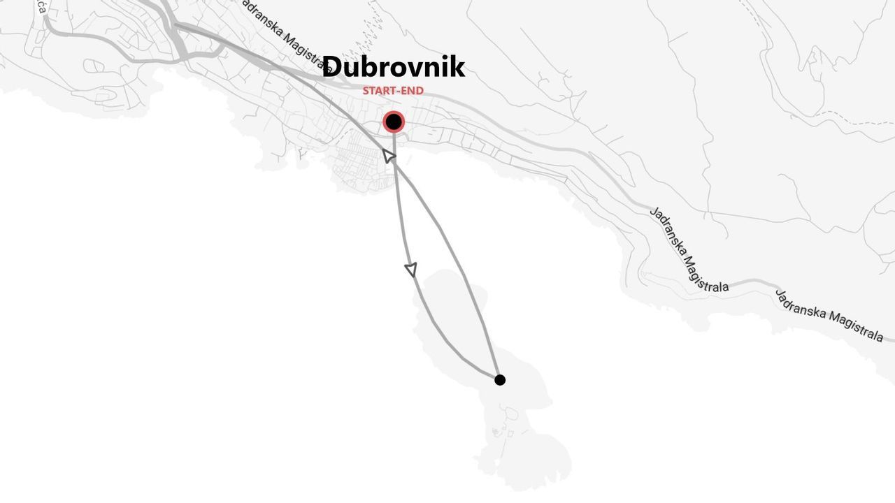 Mappa minimalista di un itinerario di viaggio con partenza e arrivo a Dubrovnik, con un percorso che si snoda a sud dalla città.