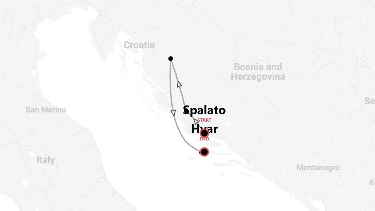 Una mappa di un itinerario di viaggio in Croazia, che mostra un percorso che inizia vicino a Spalato e termina vicino all'isola di Hvar.