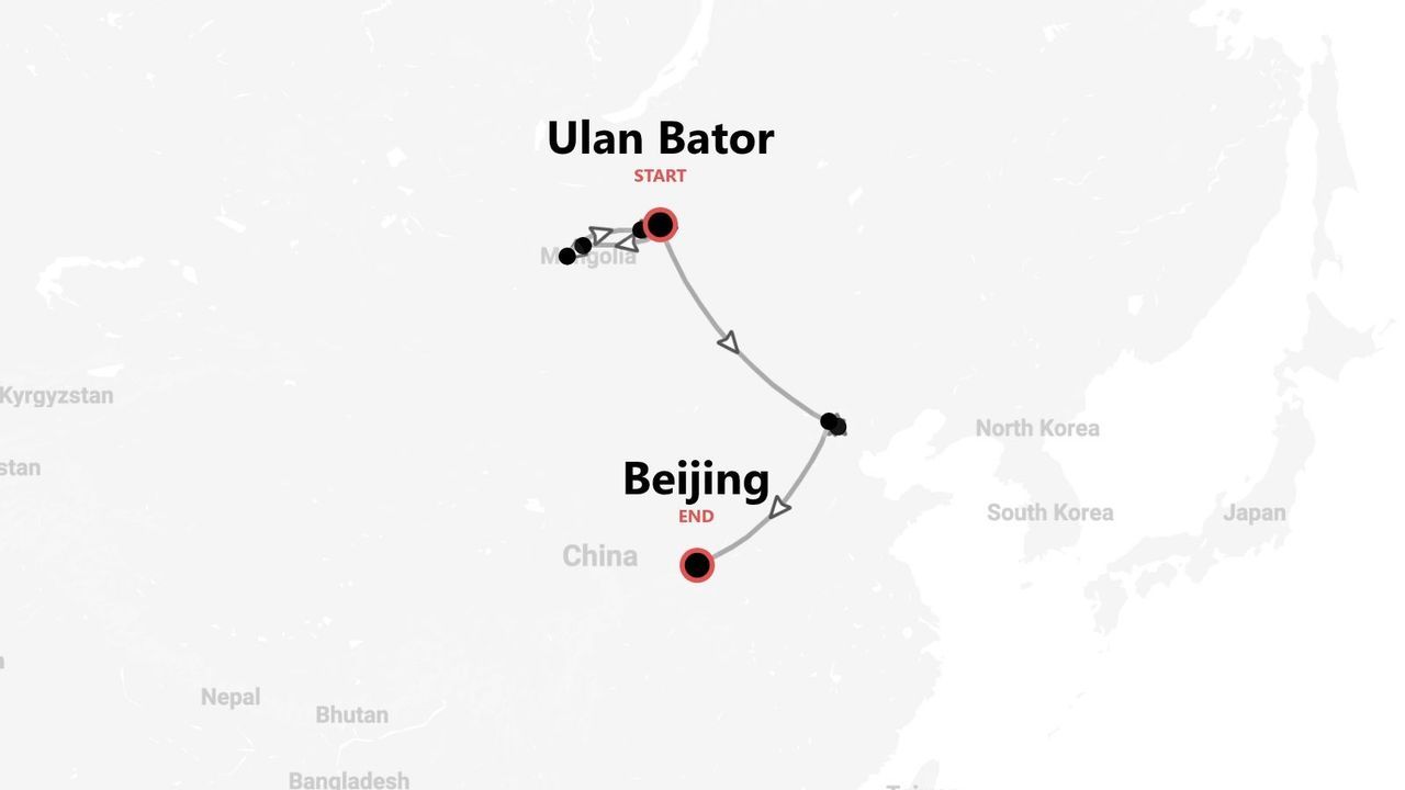 Una mappa che mostra un itinerario di viaggio che parte da Ulan Bator, Mongolia e termina a Pechino, Cina.