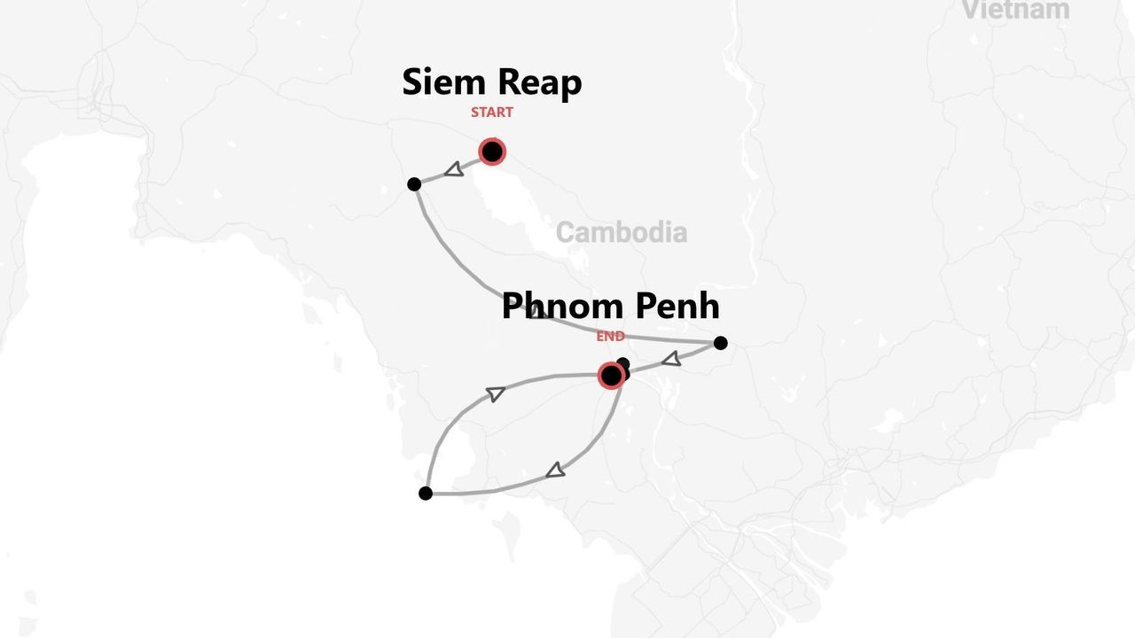 Mappa della Cambogia con itinerario di viaggio da Siem Reap a Phnom Penh.