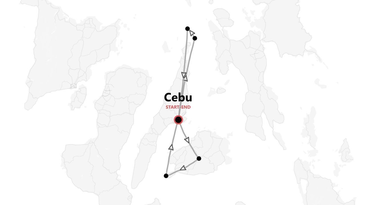 Mappa stilizzata: itinerario di viaggio con punti e linee, con partenza e arrivo a Cebu.