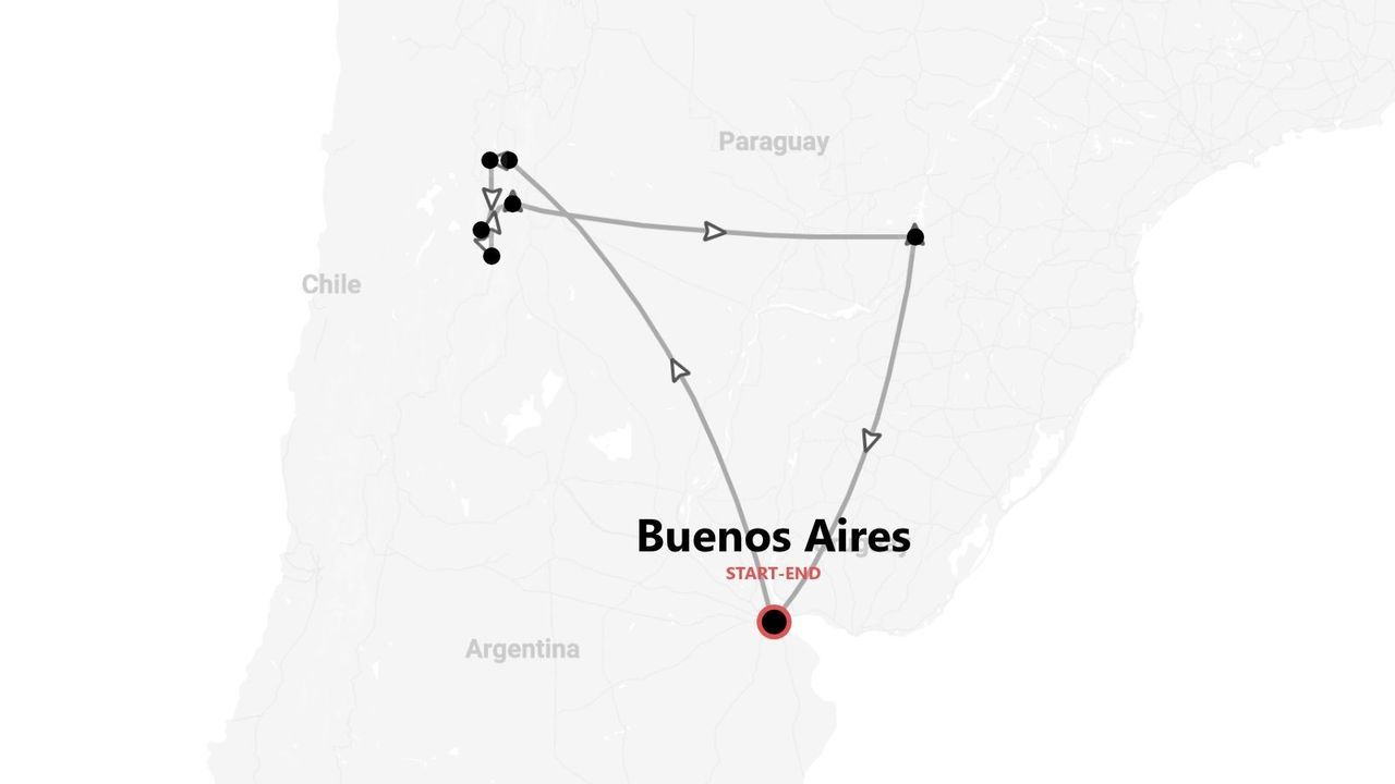 Una mappa che mostra un itinerario di viaggio attraverso Argentina, Paraguay e Cile, con inizio e fine a Buenos Aires.