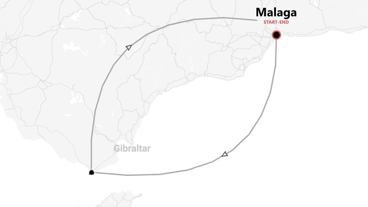 Mappa di un itinerario di viaggio che parte e arriva a Malaga, passando per Gibilterra.
