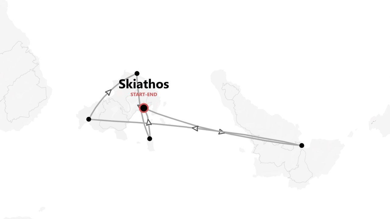 Mappa di un itinerario di viaggio. Il percorso, contrassegnato da linee e punti, parte e si conclude a Skiathos.
