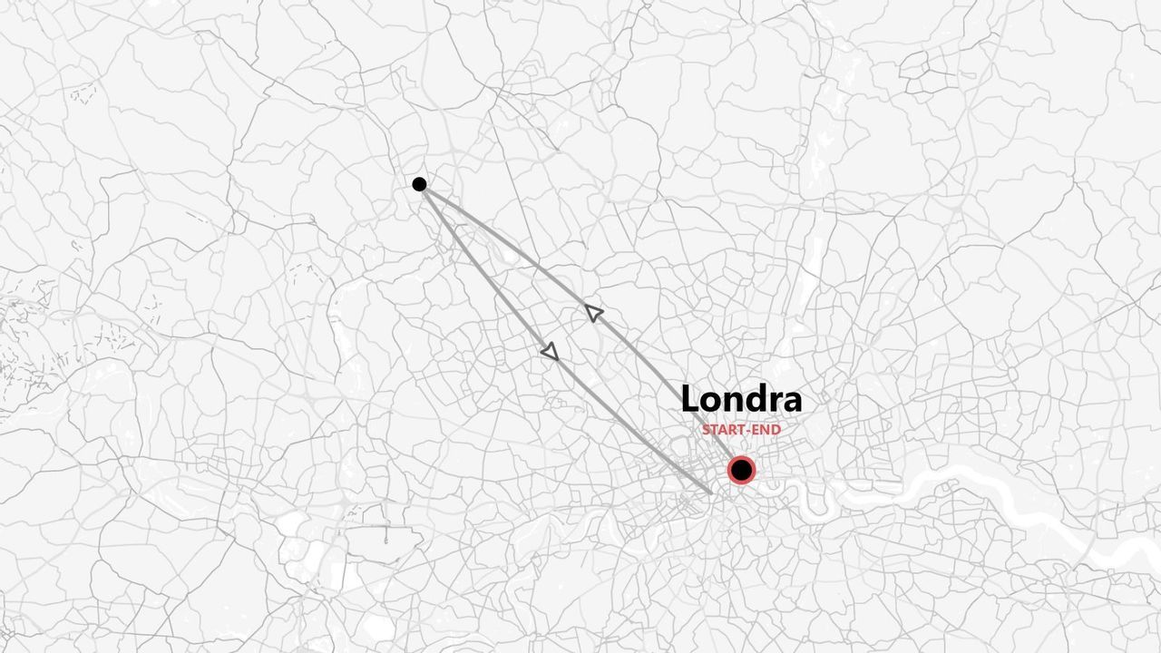 Una mappa in scala di grigi che mostra un itinerario di viaggio con partenza e arrivo a Londra, indicata come 'Londra' da una puntina rossa.