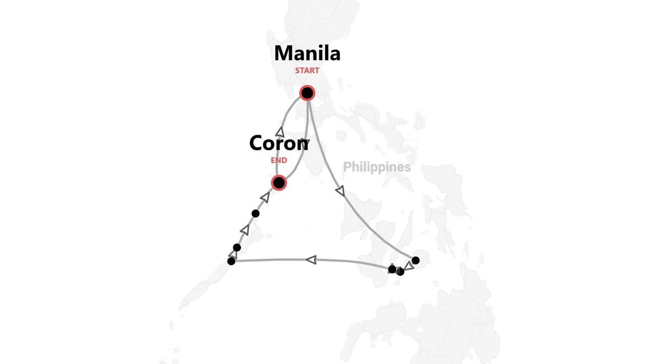 Una mappa che mostra un itinerario di viaggio nelle Filippine, con partenza da Manila e arrivo a Coron.