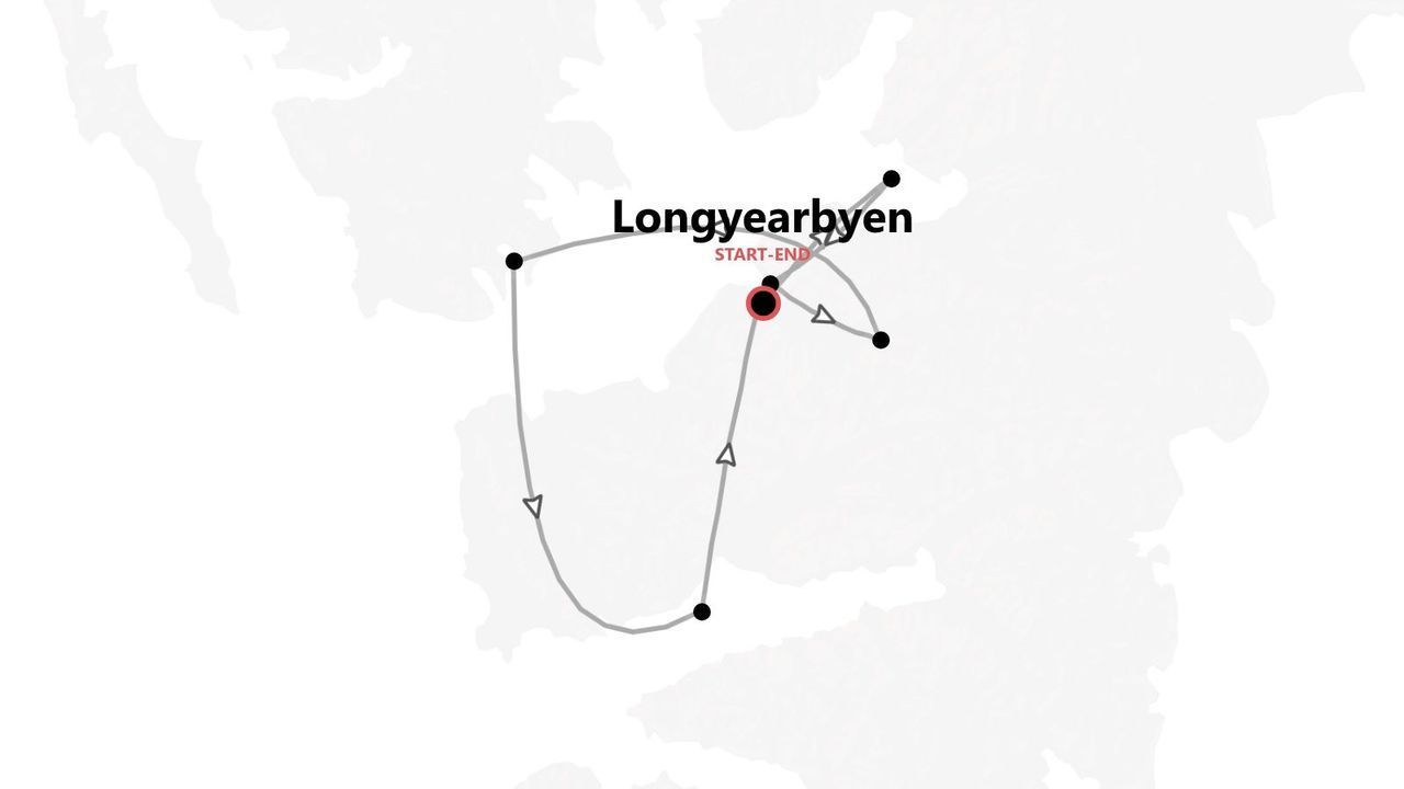 Mappa che illustra un itinerario di viaggio con più tappe, con partenza e arrivo a Longyearbyen.