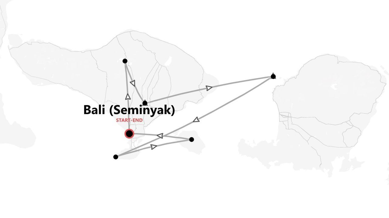 Mappa di un itinerario di viaggio a Bali, con partenza e arrivo a Seminyak e tappe multiple indicate da punti collegati.