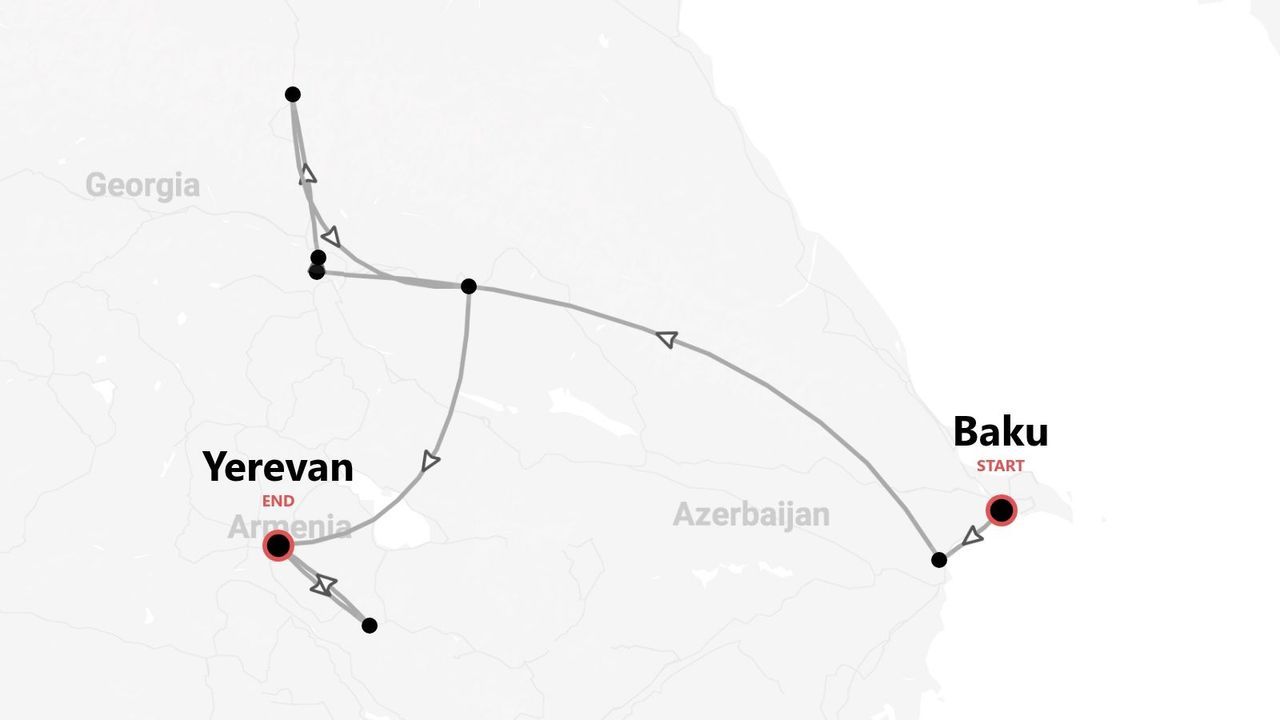 Mappa di un itinerario di viaggio che parte da Baku, Azerbaijan, attraversa la Georgia e termina a Yerevan, Armenia.