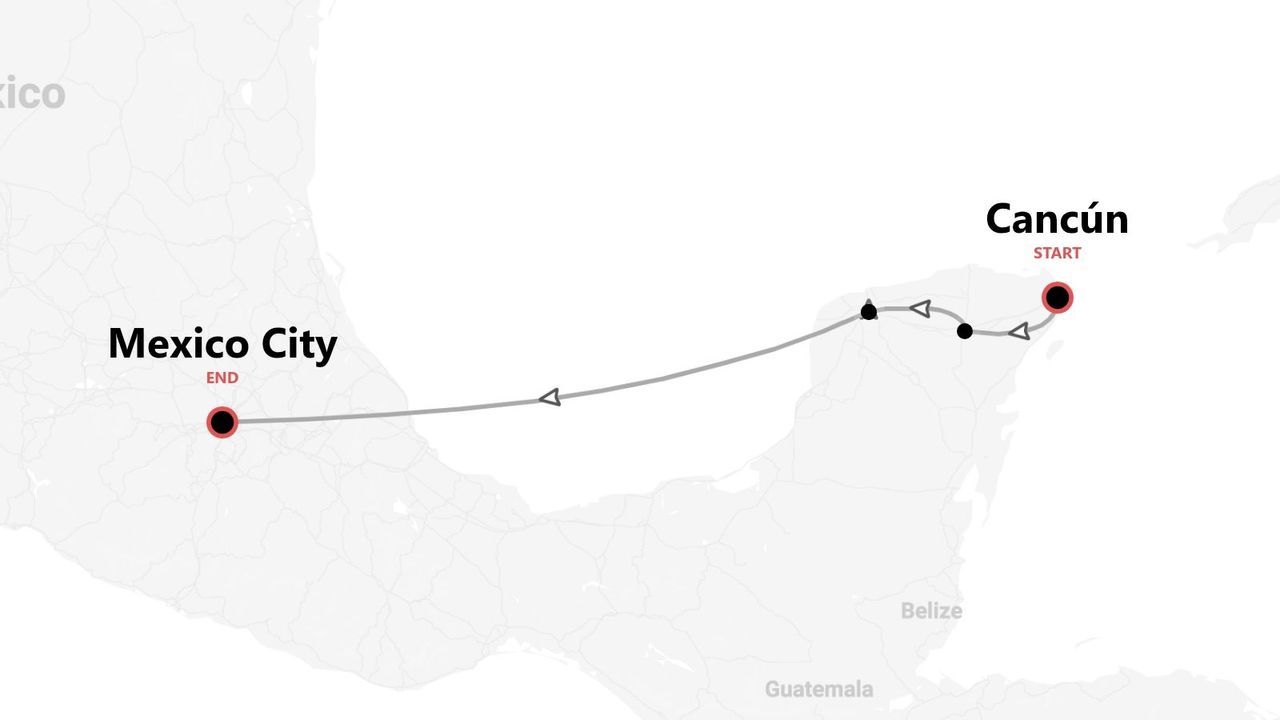 A map of Mexico showing a travel itinerary that starts in Cancún and ends in Mexico City.