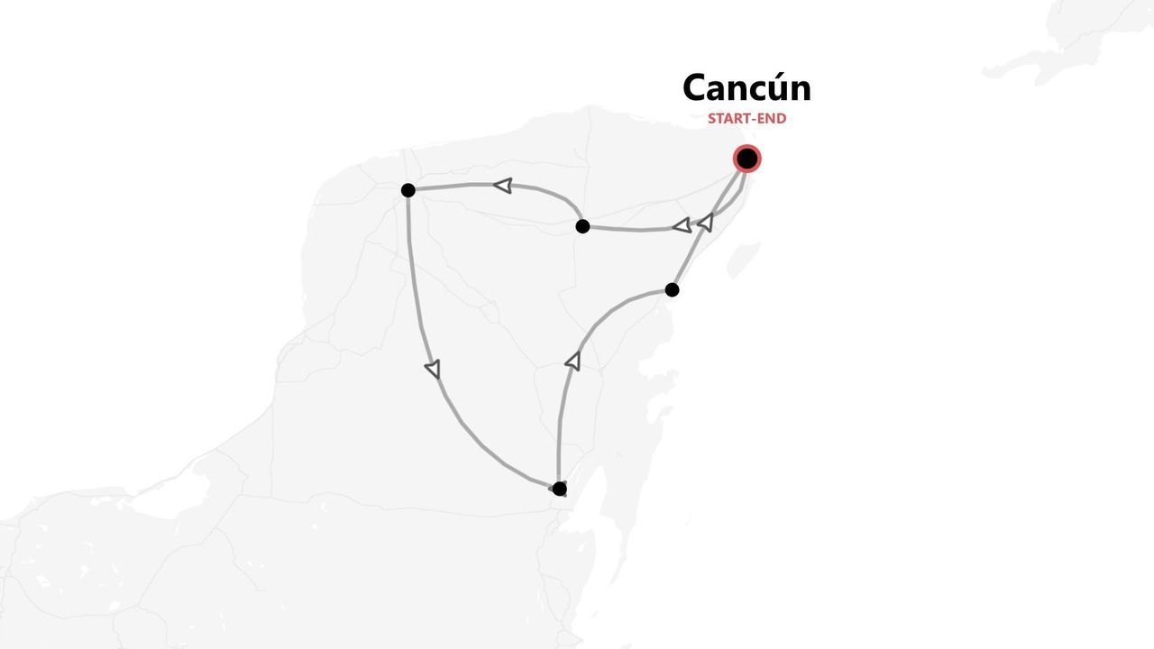 Una mappa stilizzata che mostra un itinerario di viaggio con più tappe, con partenza e arrivo a Cancún.