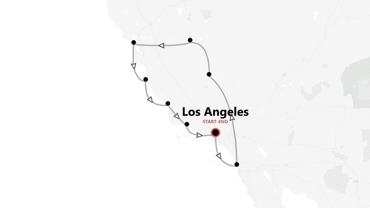 Eine Karte, die eine Rundreise durch Kalifornien zeigt, wobei Los Angeles als Start- und Endpunkt markiert ist.