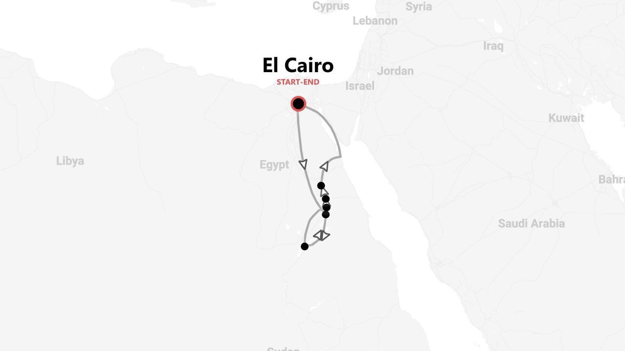 Mapa de un itinerario de viaje por Egipto. La ruta comienza y termina en El Cairo, recorriendo el sur del país.