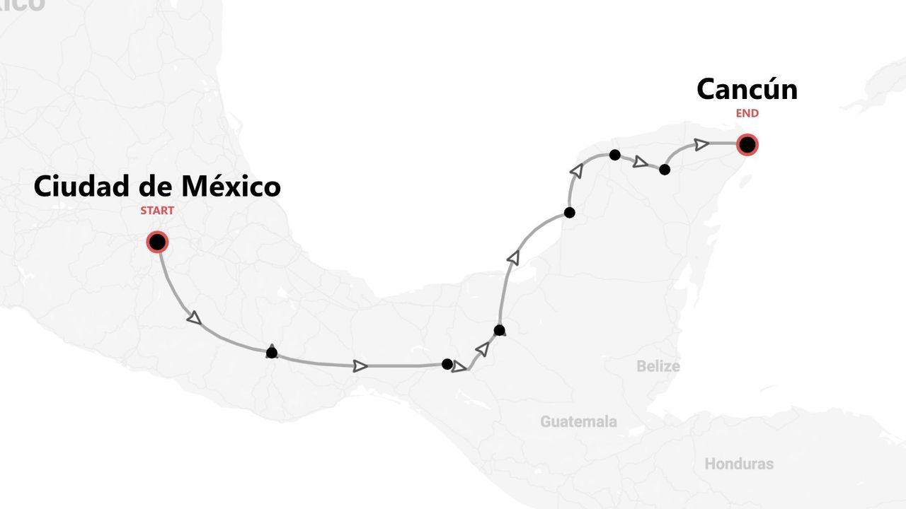 Un mapa que muestra una ruta de viaje por México, comenzando en Ciudad de México y terminando en Cancún.