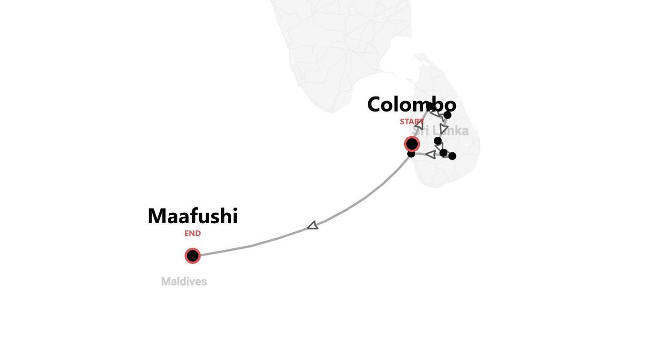 Un mapa de itinerario de viaje que se inicia en Colombo, Sri Lanka, y finaliza en Maafushi, Maldivas.