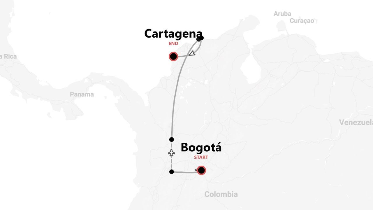 Mapa de Colombia: itinerario de viaje de Bogotá a Cartagena, con vuelo.