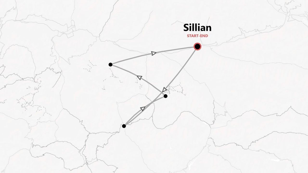 Una mappa che mostra un itinerario di viaggio con punti di riferimento, con inizio e fine nella città di Sillian.