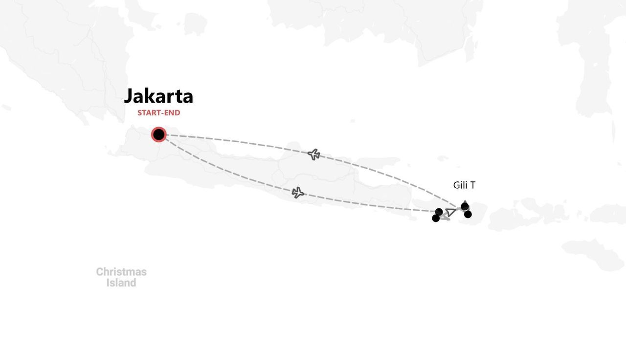 Eine Karte mit einer Rundreise, die in Jakarta beginnt und endet, mit Flugrouten nach Gili T.