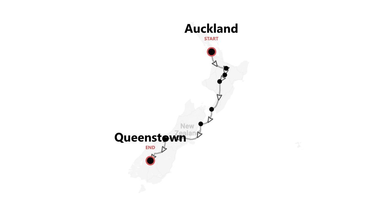 Eine Karte einer Reiseroute durch Neuseeland, die in Auckland beginnt und in Queenstown endet.