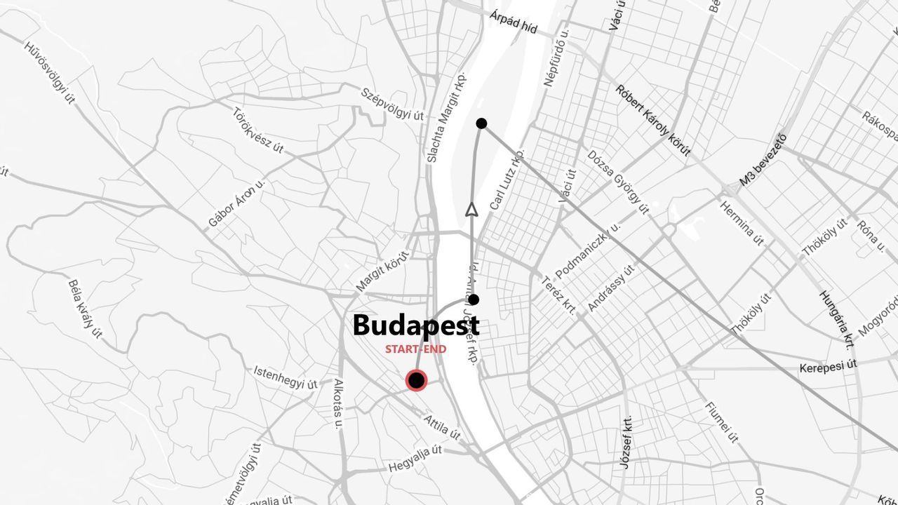 Mapa estilizado de Budapest mostrando una ruta de viaje con puntos de inicio y fin marcados.