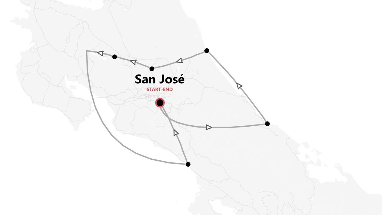 Carte d'un itinéraire de voyage commençant et se terminant à San José, indiqué par un cercle rouge.
