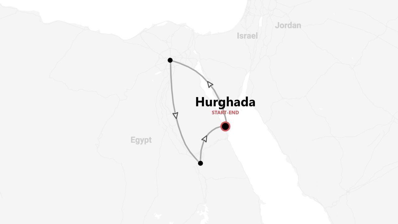 Mappa di un itinerario turistico in Egitto, con partenza e arrivo a Hurghada.
