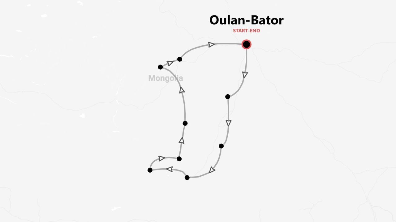 Une carte d'itinéraire d'un voyage à travers la Mongolie, avec les points de départ et d'arrivée marqués comme Oulan-Bator.