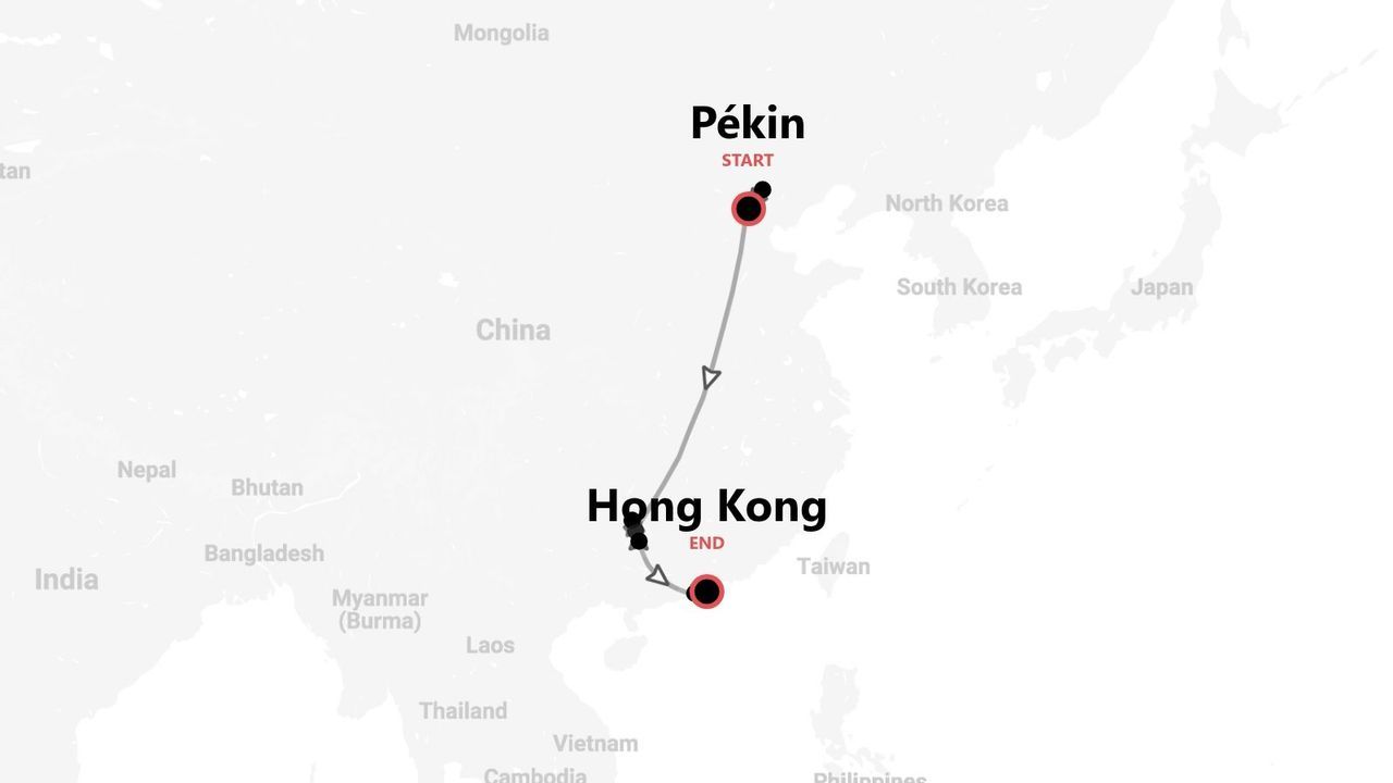 Une carte de la Chine montrant un itinéraire de voyage commençant à Pékin et se terminant à Hong Kong.