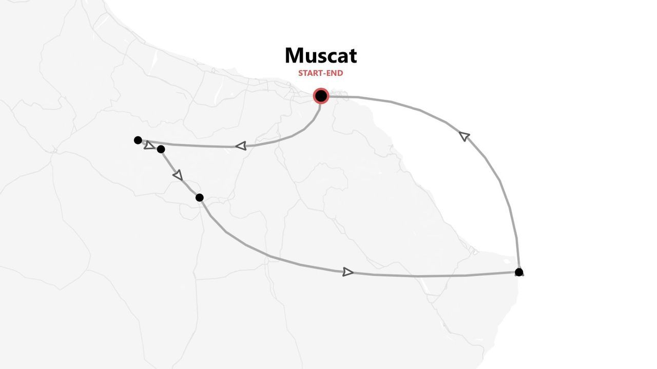 Mappa di un itinerario di viaggio circolare con partenza e arrivo a Mascate e diverse tappe.