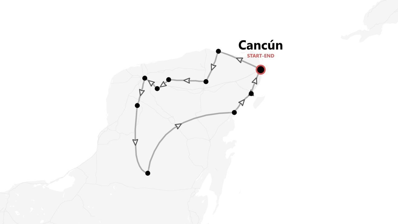 Carte d'itinéraire d'un circuit en boucle avec étapes marquées, au départ et à l'arrivée de Cancún.
