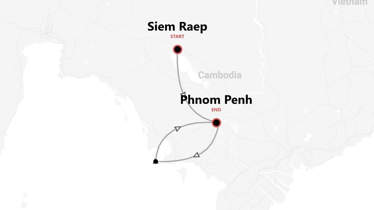 Un mapa de ruta de viaje por Camboya, de Siem Reap a Phnom Penh.