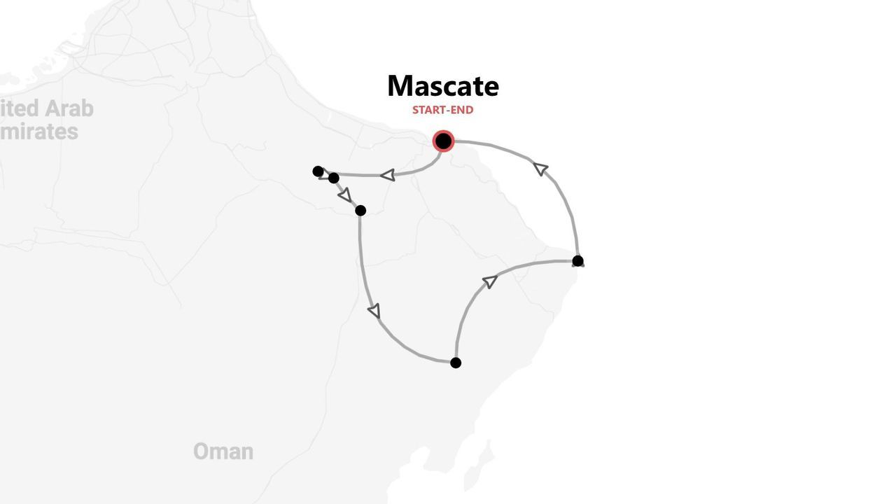 Un mapa de un itinerario de viaje en Omán, mostrando una ruta circular que empieza y termina en Mascate.