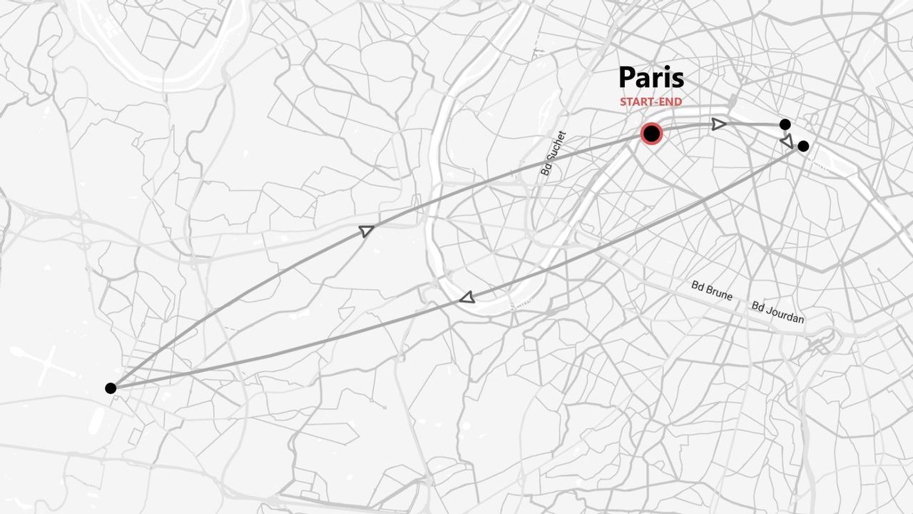 Eine Graustufenkarte von Paris, die eine geplante Reiseroute mit einem Start- und Endpunkt sowie verschiedenen Routenmarkierungen zeigt.