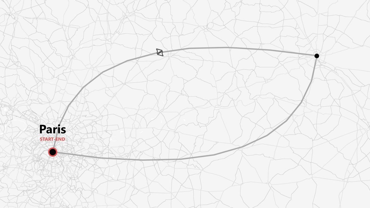 Eine stilisierte Karte mit einer Rundreise-Reiseroute, die in Paris beginnt und endet, inklusive Routenlinie und Flugzeugsymbol.
