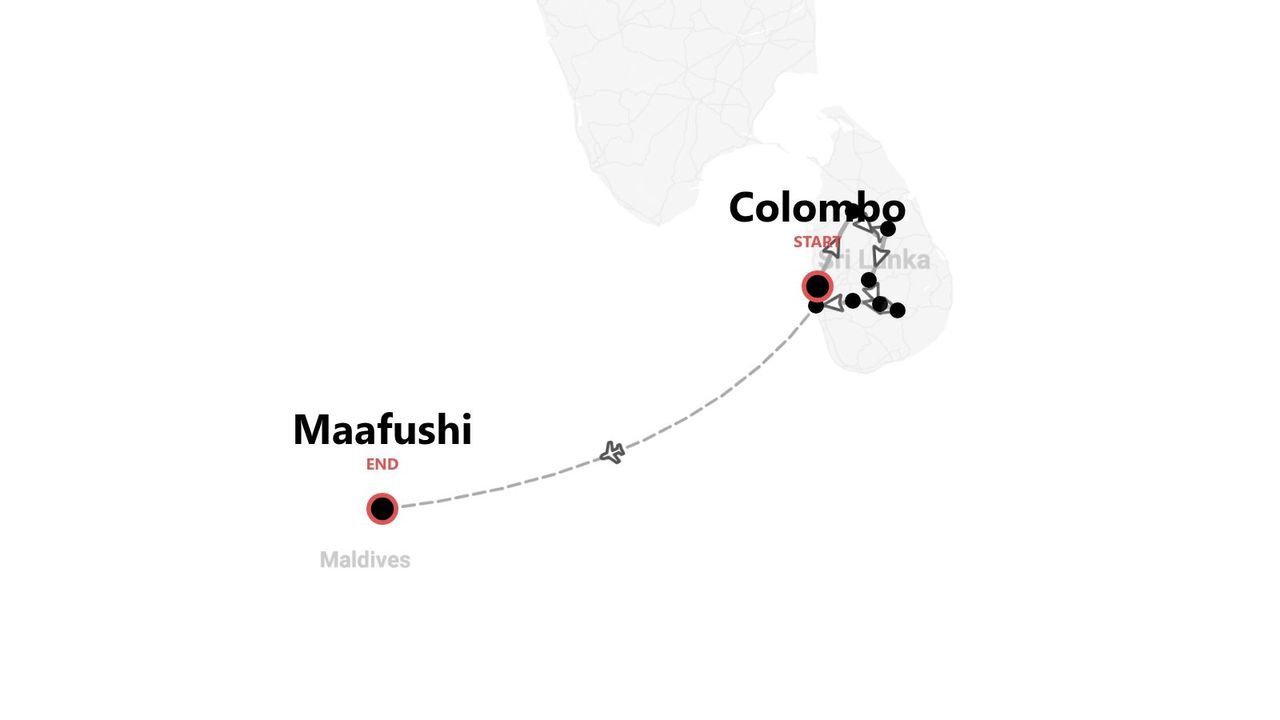 Mappa che mostra un itinerario di viaggio da Colombo, Sri Lanka, a Maafushi, Maldive, con volo di collegamento.