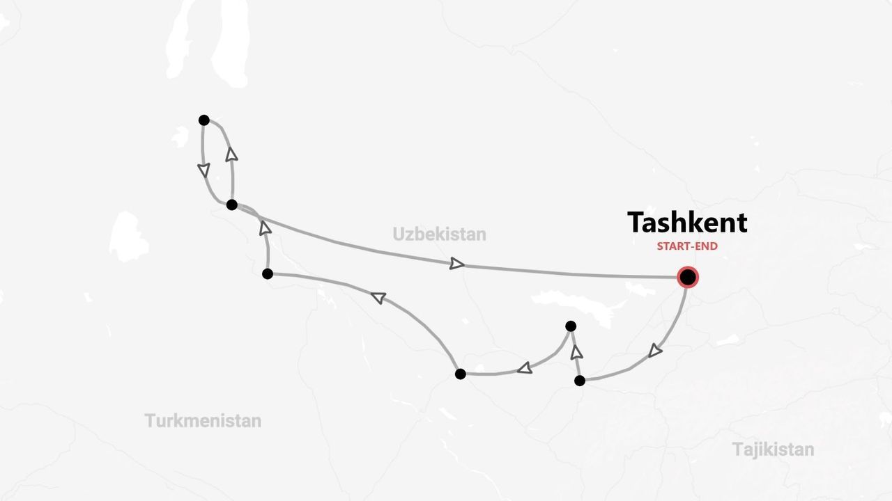 Itinerario di viaggio in Uzbekistan, con partenza e arrivo a Tashkent.